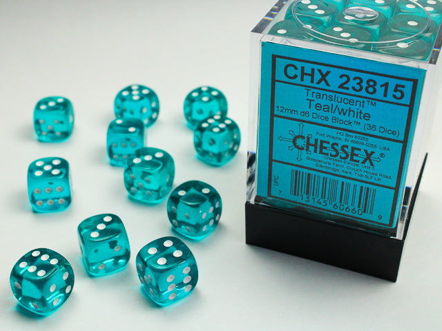 Translucent Teal White 12 mm Dice Block (36 dice)