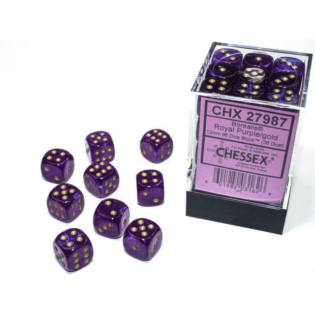 Borealis Royal Purple Gold luminary 12 mm Dice Block (36 dice)