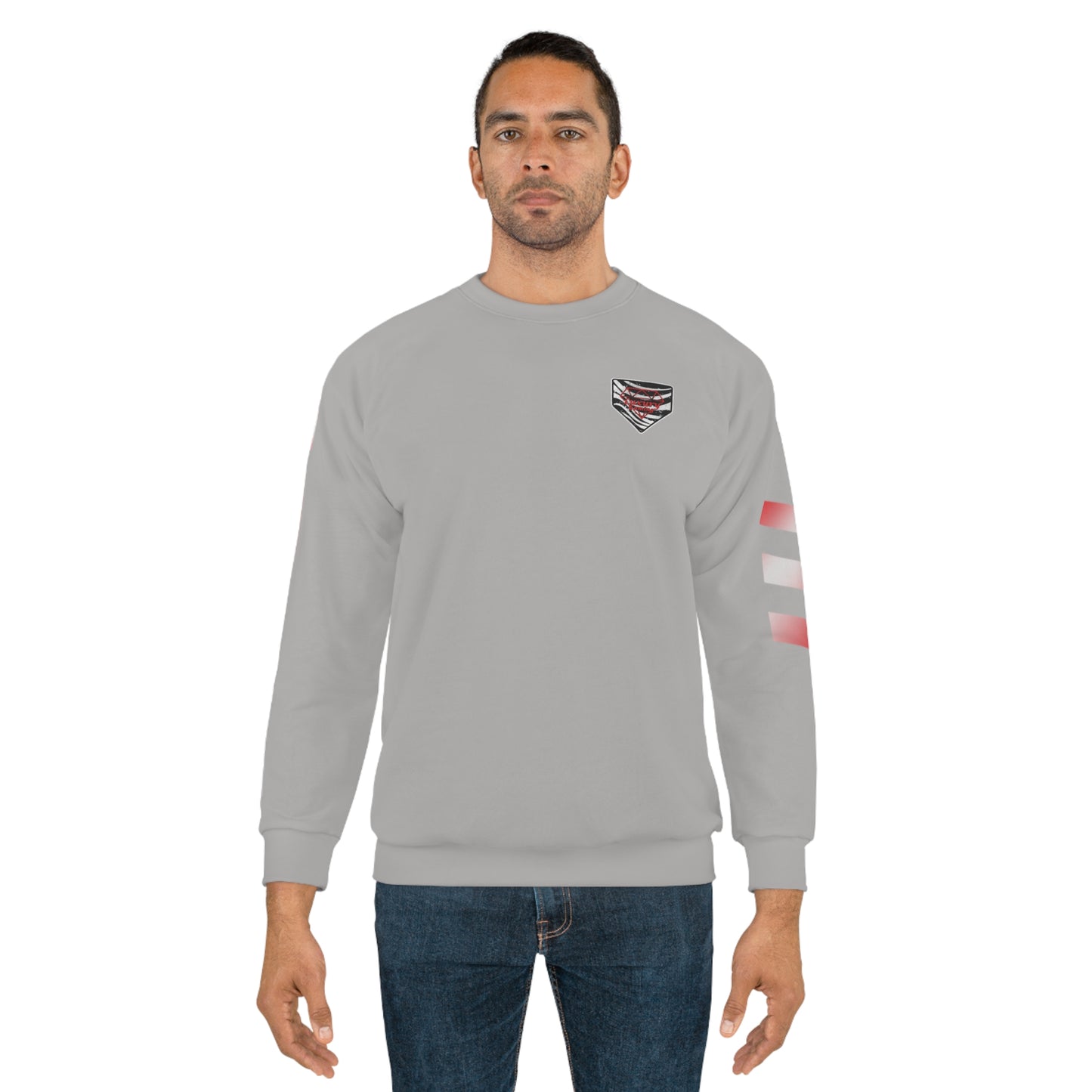 "Crimson Quest: Luxury Gaming's Grey & Red Unisex Sweatshirt"