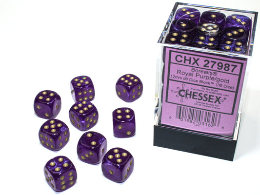 Borealis Royal Purple Gold luminary 12 mm Dice Block (36 dice)