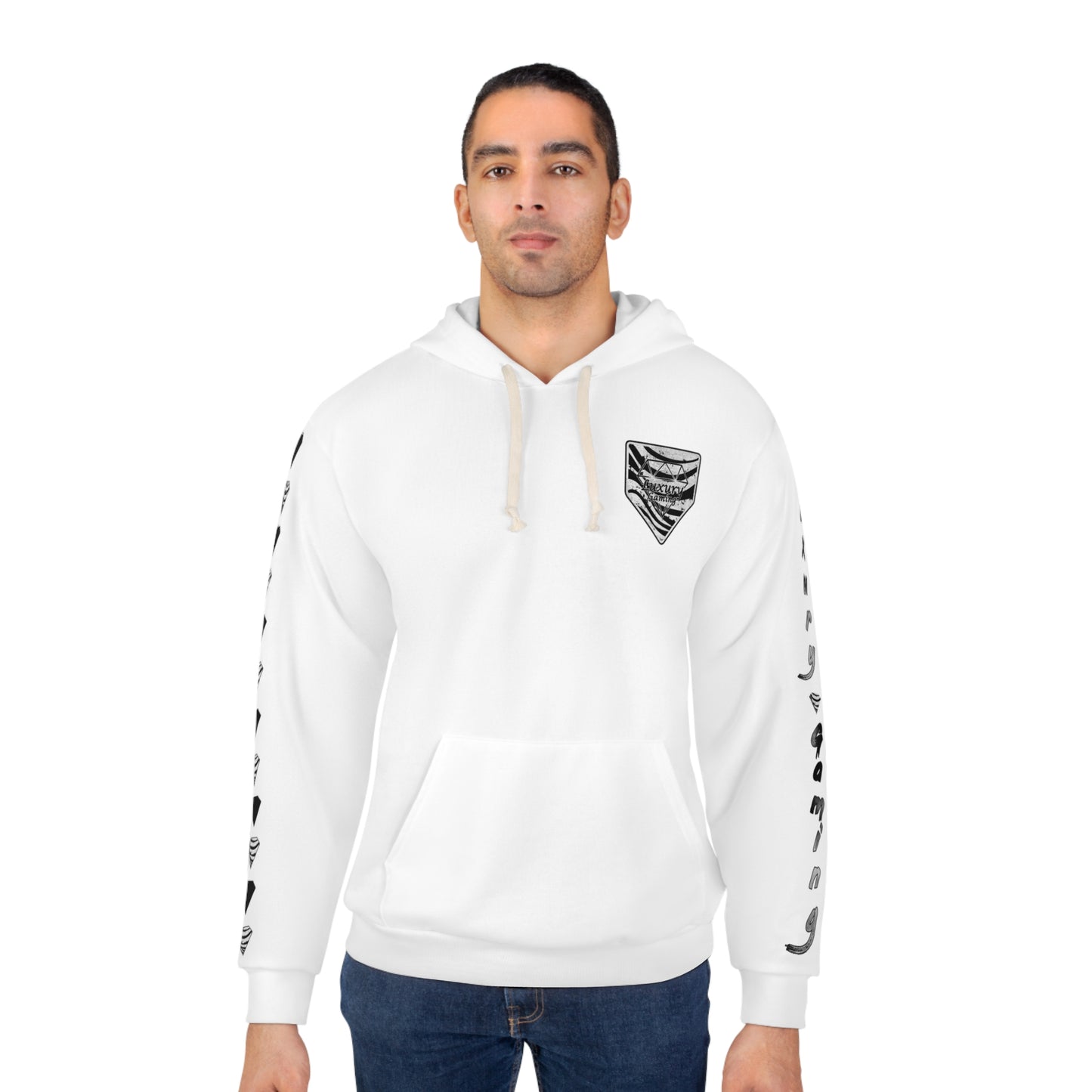 "Pinnacle Pursuit: Luxury Gaming's Black and White Unisex Hoodie"