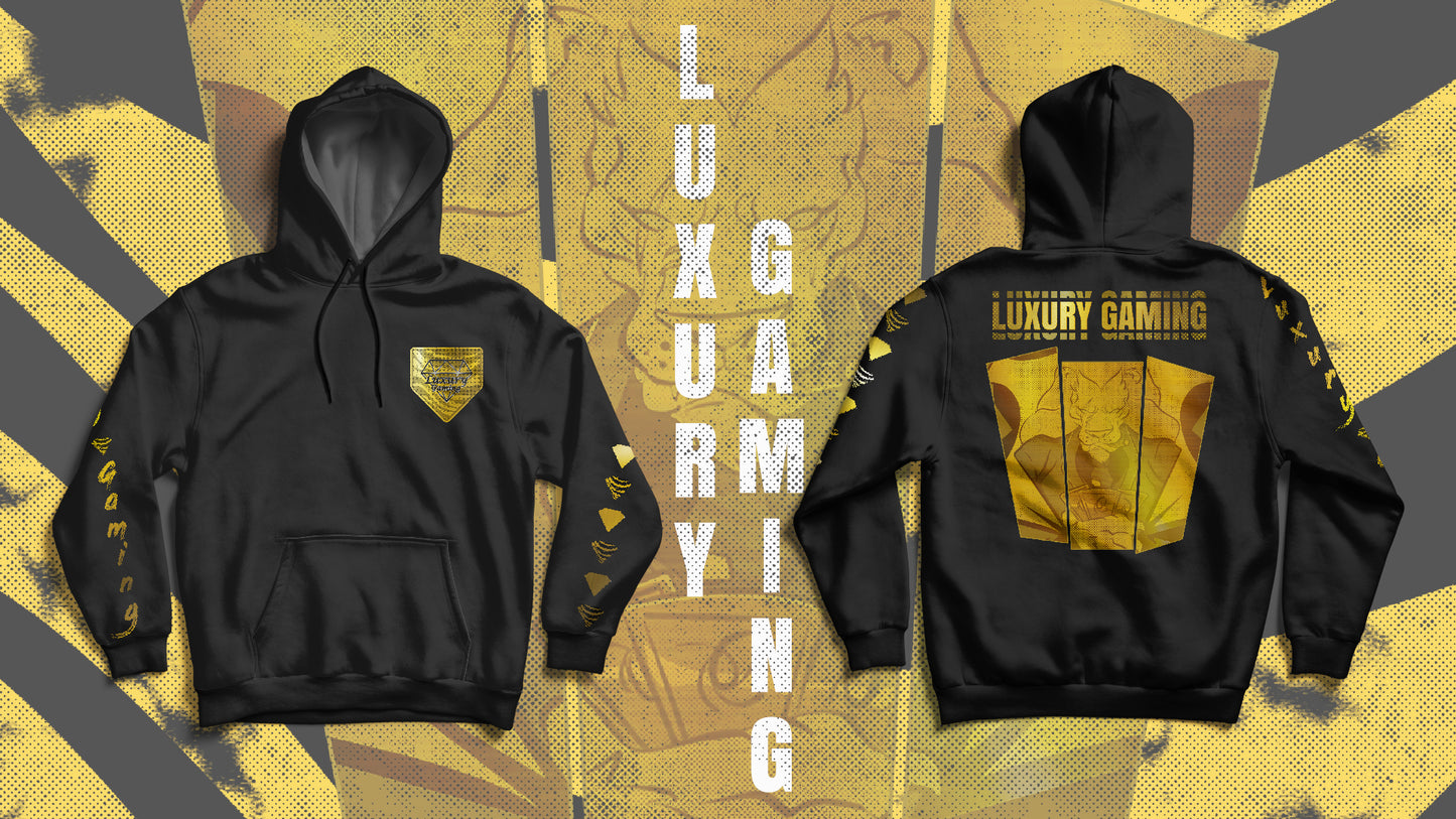 "Golden Excellence: Luxury Gaming's Black and Gold Unisex Hoodie"