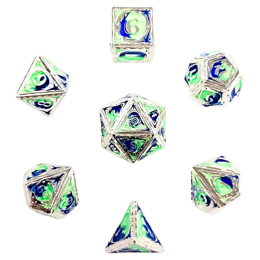 7-Set Sorcerer Solid Metal: RPG Dice Set: Blue & UV Reactive Green