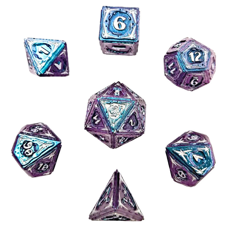 7-Set Sorcerer Solid Metal: RPG Dice Set: Chameleon Blue with Silver