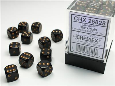 Opaque Black Gold 12 mm Dice Block (36 dice)